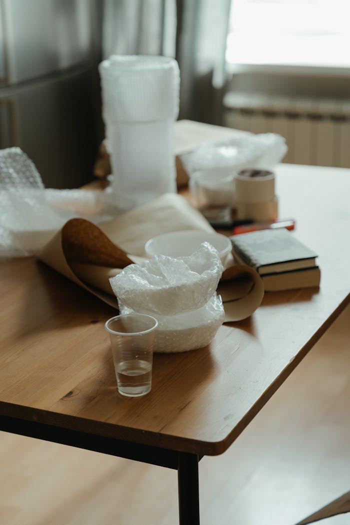 A table with moving supplies, including boxes, bubble wrap, and tape, ready for relocation.